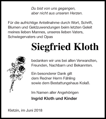 Traueranzeige von Siegfried Kloth von Demminer Zeitung