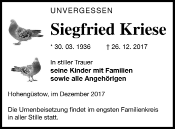 Traueranzeige von Siegfried Kriese von Prenzlauer Zeitung