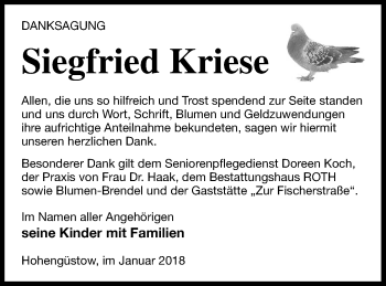 Traueranzeige von Siegfried Kriese von Prenzlauer Zeitung