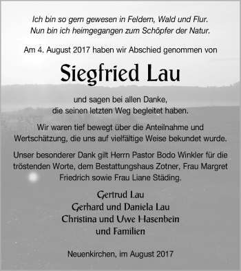 Traueranzeige von Siegfried Lau von Vorpommern Kurier