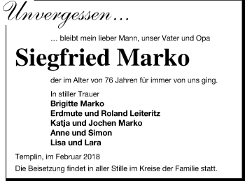 Traueranzeige von Siegfried Marko von Haff-Zeitung