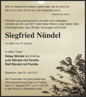 Traueranzeige von Siegfried Nündel von Mecklenburger Schweiz