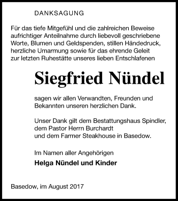 Traueranzeige von Siegfried Nündel von Mecklenburger Schweiz