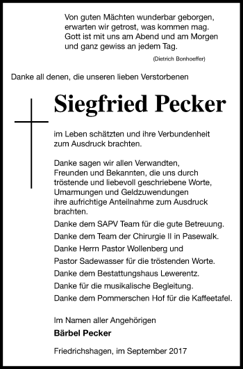 Traueranzeige von Siegfried Pecker von Haff-Zeitung