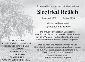 Traueranzeige von Siegfried Rettich von Müritz-Zeitung