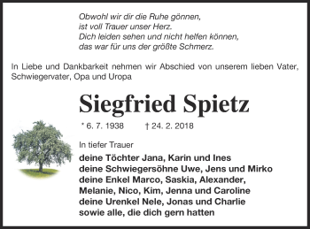 Traueranzeige von Siegfried Spietz von Strelitzer Zeitung