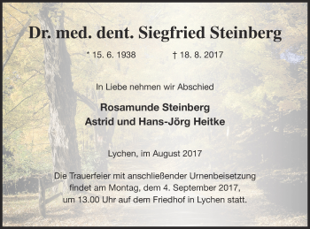 Traueranzeige von Siegfried Steinberg von Templiner Zeitung