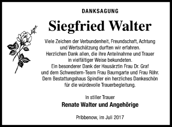 Traueranzeige von Siegfried Walter von Mecklenburger Schweiz