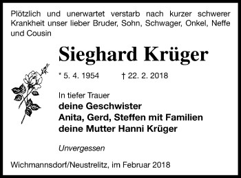 Traueranzeige von Sieghard Krüger von Templiner Zeitung