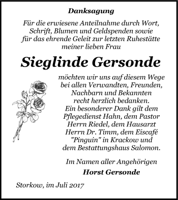 Traueranzeige von Sieglinde Gersonde von Pasewalker Zeitung