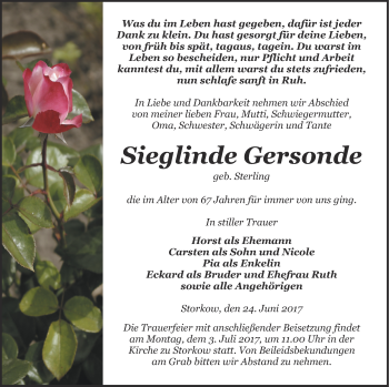 Traueranzeige von Sieglinde Gersonde von Pasewalker Zeitung