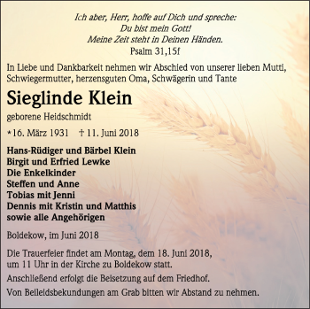 Traueranzeige von Sieglinde Klein von Vorpommern Kurier