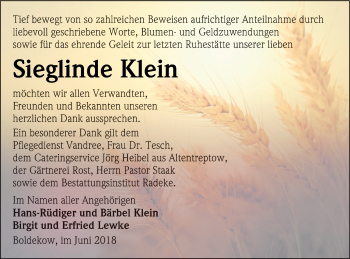 Traueranzeige von Sieglinde Klein von Vorpommern Kurier