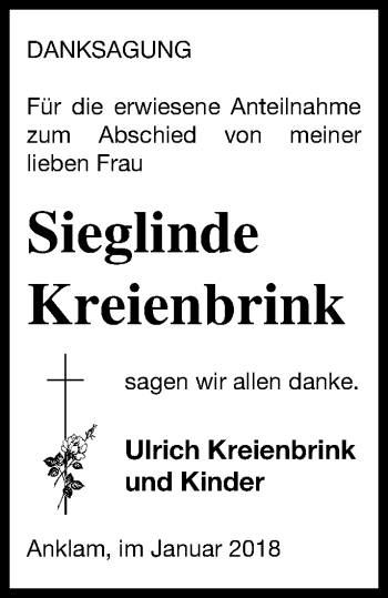 Traueranzeige von Sieglinde Kreienbrink von Vorpommern Kurier