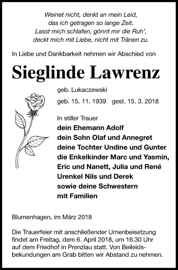 Traueranzeige von Sieglinde Lawrenz von Neubrandenburger Zeitung