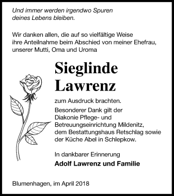 Traueranzeige von Sieglinde Lawrenz von Pasewalker Zeitung