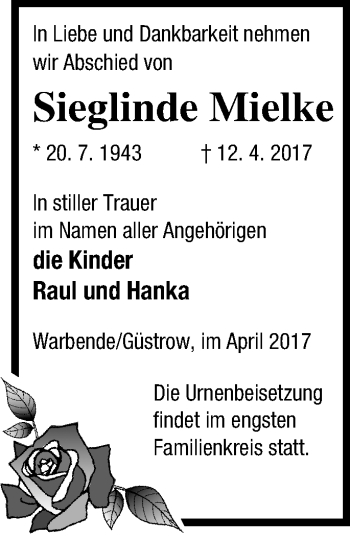 Traueranzeige von Sieglinde Mielke von Strelitzer Zeitung