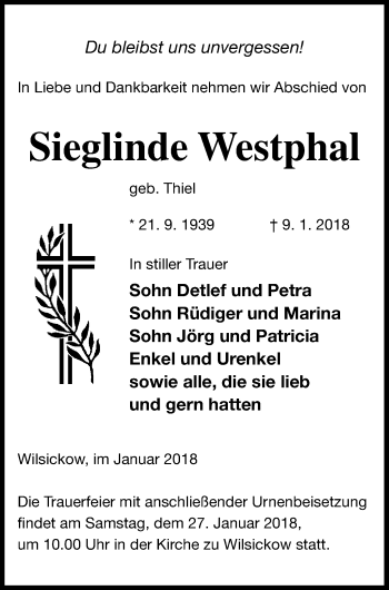 Traueranzeige von Sieglinde Westphal von Pasewalker Zeitung