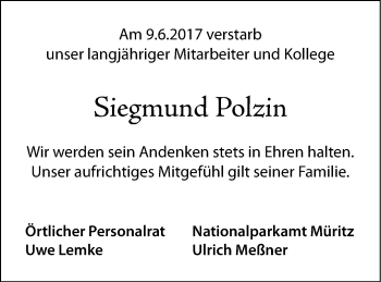 Traueranzeige von Siegmund Polzin von Müritz-Zeitung