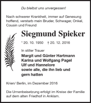 Traueranzeige von Siegmund Spieker von Vorpommern Kurier