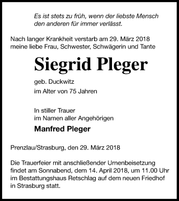 Traueranzeige von Siegrid Pleger von Prenzlauer Zeitung