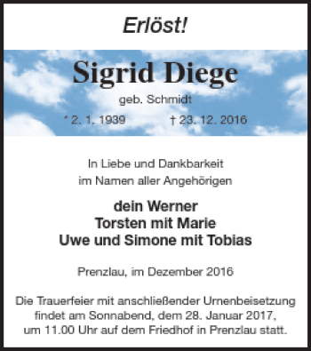 Traueranzeige von Sigrid Diege von Prenzlauer Zeitung