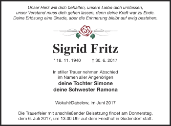 Traueranzeige von Sigrid Fritz von Strelitzer Zeitung