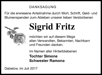 Traueranzeige von Sigrid Fritz von Strelitzer Zeitung