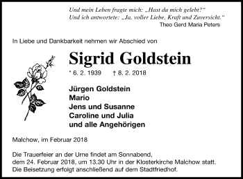 Traueranzeige von Sigrid Goldstein von Müritz-Zeitung