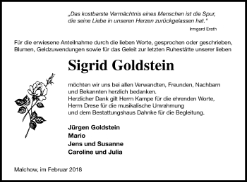 Traueranzeige von Sigrid Goldstein von Müritz-Zeitung