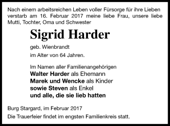 Traueranzeige von Sigrid Harder von Neubrandenburger Zeitung