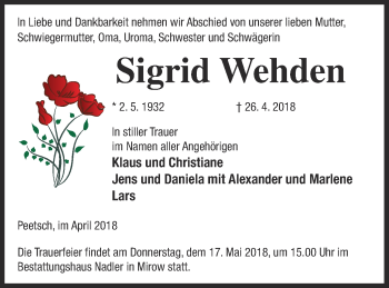 Traueranzeige von Sigrid Wehden von Strelitzer Zeitung