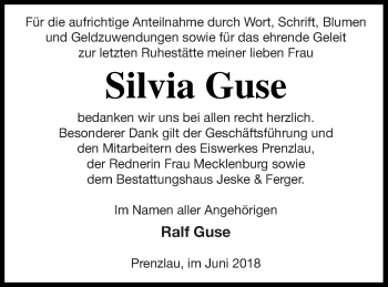 Traueranzeige von Silvia Guse von Prenzlauer Zeitung
