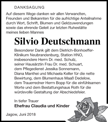 Traueranzeige von Silvio Deutschmann von Prenzlauer Zeitung