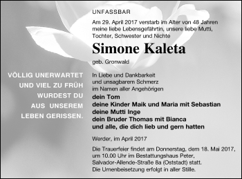 Traueranzeige von Simone Kaleta von Neubrandenburger Zeitung