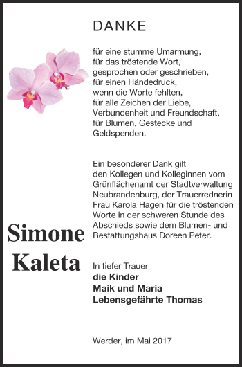 Traueranzeige von Simone Kaleta von Neubrandenburger Zeitung