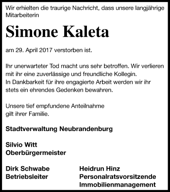 Traueranzeige von Simone Kaleta von Neubrandenburger Zeitung