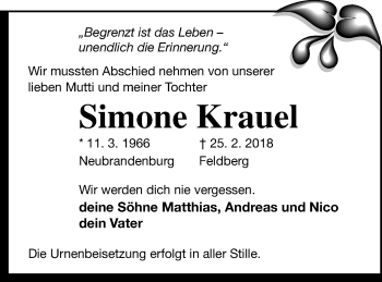 Traueranzeige von Simone Krauel von Neubrandenburger Zeitung