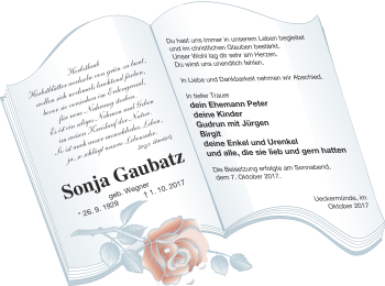 Traueranzeige von Sonja Gaubatz von Haff-Zeitung