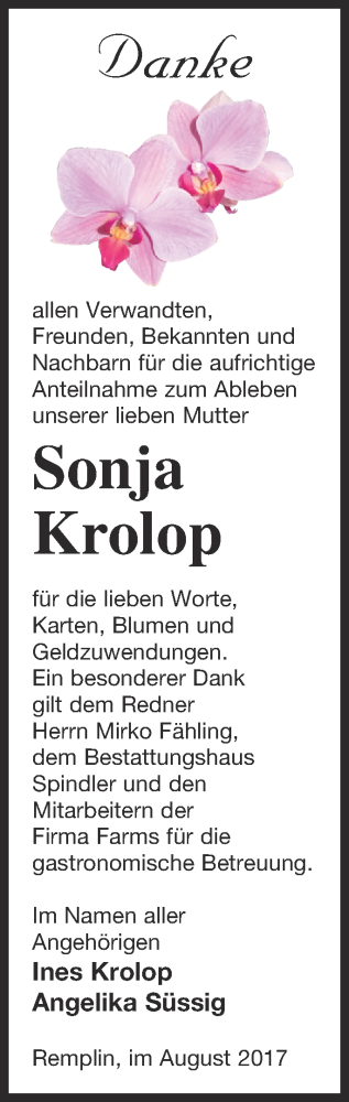 Traueranzeige von Sonja Krolop von Mecklenburger Schweiz