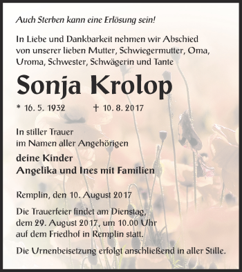 Traueranzeige von Sonja Krolop von Mecklenburger Schweiz