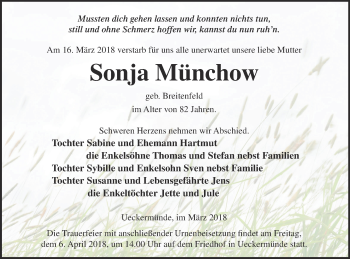 Traueranzeige von Sonja Münchow von Haff-Zeitung