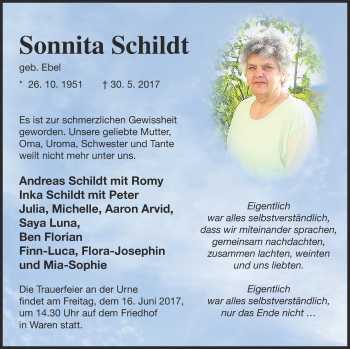 Traueranzeige von Sonnita Schildt von Müritz-Zeitung