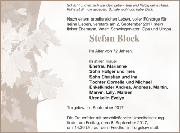 Traueranzeige von Stefan Block von Haff-Zeitung