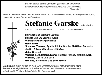 Traueranzeige von Stefanie Garske von Demminer Zeitung