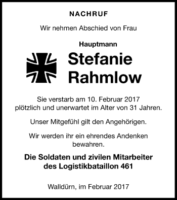 Traueranzeige von Stefanie Rahmlow von Haff-Zeitung