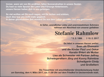 Traueranzeige von Stefanie Rahmlow von Haff-Zeitung