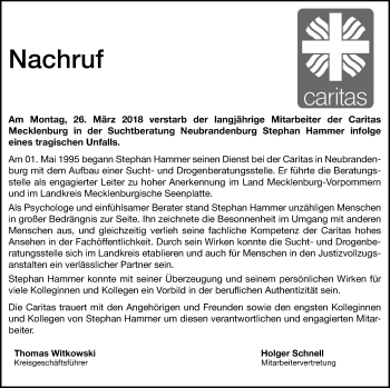 Traueranzeige von Stephan Hammer von Neubrandenburger Zeitung