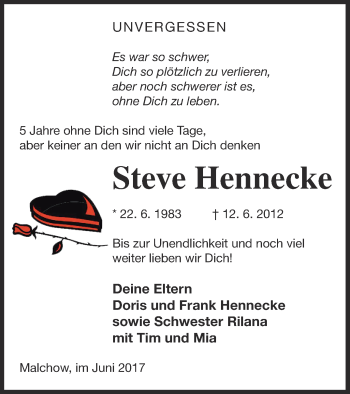 Traueranzeige von Steve Hennecke von Müritz-Zeitung