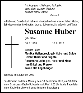 Traueranzeige von Susanne Huber von Neubrandenburger Zeitung